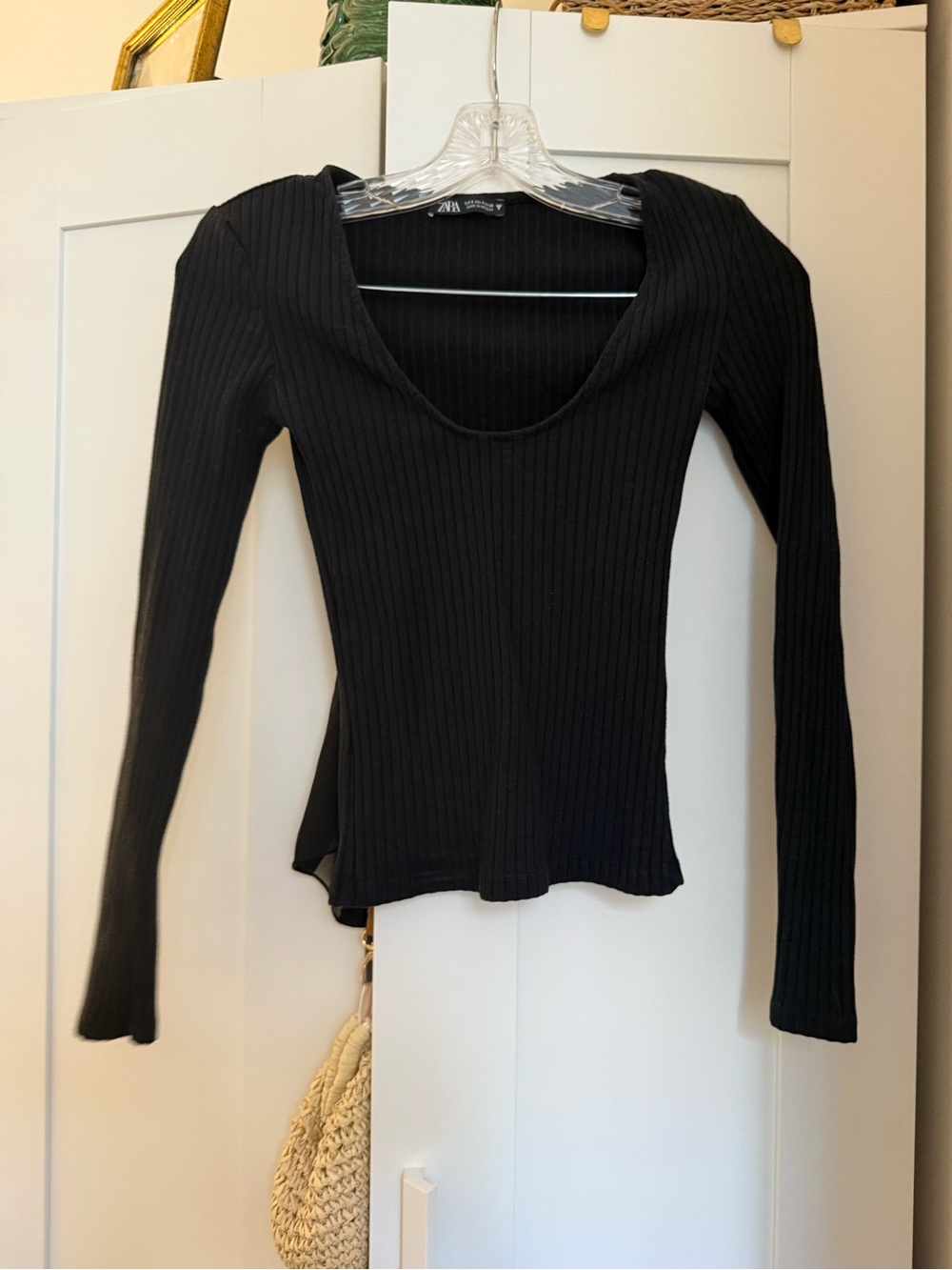 ZARA Black Ribbed Scoop-Neck Long Sleeve Top